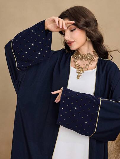 Al Najma Women's Vintage Fashionable Gold Trim Patchwork Gold Dot Embroidery Loose Arabic Abaya