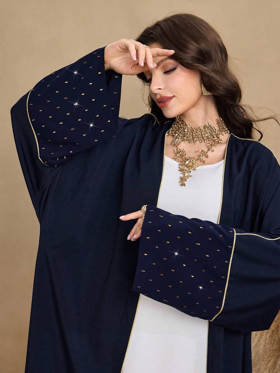Al Najma Váy Abaya Ả Rập rộng rãi thời trang cổ điển dành cho nữ, thêu chấm vàng, chắp vá, viền vàng - Màu xanh lam - Xem 1