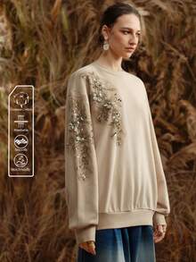 Arave Women's Cotton Round Neck Loose Fit Hand-Stitched Design Daily Casual Sweatshirt   Winter Clothes For Women Khaki Sweatshirt Zipper Jacket - Khaki - View 6