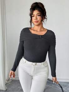 Elenzga Plus Size Women Bow Decor Ribbed Long Sleeve Top - Dark Grey - View 8