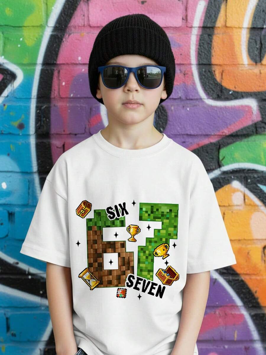 青少年男童休闲时尚经典款67号复古美式运动短袖T恤，适合春夏秋冬穿着。 - 白色 - 查看 1