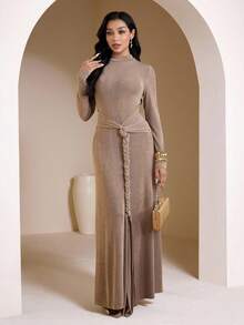 Veilorie Women's Solid Color Stand Collar Raglan Sleeve Fitted Dress - Khaki - View 3
