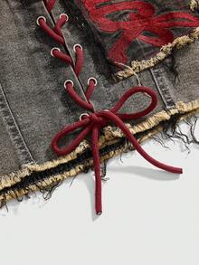 ROMWE Avant 女士 Y2K 复古运动芭蕾风图案刺绣系带低腰性感牛仔露脐上衣 - 淺灰色 - 查看 3