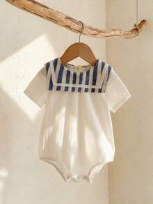 SHEIN Newborn Baby Boy Casual Cute Color Block Sailor Collar Short Sleeve Bodysuit - Multicolor - View 4