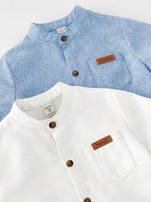SHEIN Set de 2 camisas de manga corta con cuello mao de unicolor básico para niño, versátil y casual, adecuado para fiesta de cumpleaños, evento de noche, actuación, boda, baby shower, celebración del 1er cumpleaños - Multicolor - Ver 8
