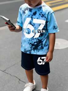 Fantacosmos 1套青少年男孩紮染「67」圖案短袖T恤與短褲套裝，黑色，夏季街頭風度假時尚休閒圓領套裝 - 彩色 - 查看 6