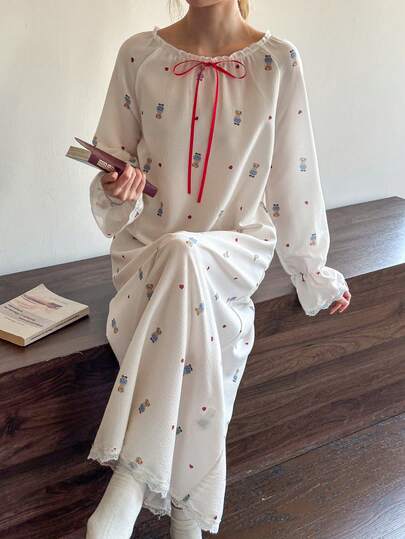 Dream Adore Camisón de manga larga suave y cómodo con estampado de oso a cuadros