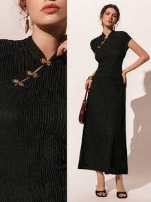 Poéselle Đầm dài vừa phải tay bồng trang trí khóa kim loại thanh lịch cho nữ - màu đen - Xem 2