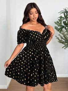 Vionelle Vestido casual de manga corta con efecto metálico vintage y favorecedora silueta para tallas grandes - Negro - Ver 2