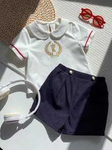 SHEIN 2pcs Baby Boy Preppy Style Embroidered Pattern Peter Pan Collar Short Sleeve Shirt & Elastic Waist Shorts Gentleman Outfit Set, Suitable For Birthday Party, Rave, Evening Party, Performance, Wedding, Baby Shower, And 1st Birthday Celebration Baby Boy Summer Outfit Baby Boy Casual Shorts Baby Boy Sailor Outfit Baby Boy Short Sleeve Set Baby Boy White Polo - Multicolor - View 8