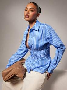 Hauture Women's Casual Striped Waist Cinching Front Button Long Sleeve Shirt, Autumn - Blue and White - View 1