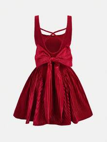 Girlism Teen Girls' Spaghetti Strap Backless Big Bow Tie Waist Flared Hem Party Cocktail Christmas Dress, Princess Gown - Red - View 2