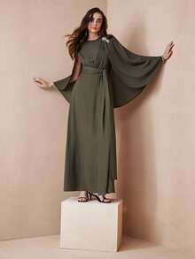 Arave Women's Green Chiffon Linen-Textured Fabric, Round Neck, Fitted Waist, Cape Sleeves, Full Skirt With Pleats, Long Tie-Waist, Diamond Brooch, And Metal Embellishments. Modern Party Long Dress. Elegant Dresses For Women, Party Clothes, Winter Clothes For Women, Halloween. New Year - Green - View 10