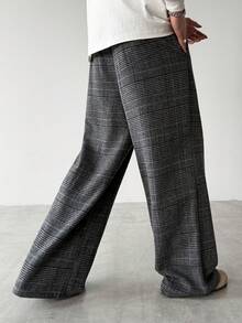 Manfinity Hypemode 男士千鸟格褶裥口袋阔腿宽松休闲裤 - 深灰色 - 查看 2