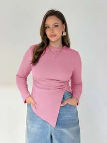 SHEIN Essnce 大码女装春秋季时尚休闲舒适日常不规则下摆黑色修身上衣，秋季服装，外出上衣，曲线黑色上衣 - 粉色 - 查看 5