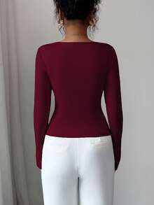 Elenzga Áo thun cổ chữ V sâu đính ngọc trai thanh lịch dành cho nữ, mùa thu - Màu Đỏ Sâu - Xem 2