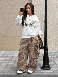 SHEIN EZwear Casual Minimalist Leopard Print Cherry Pattern Loose Fit Pullover Hoodie Sweatshirt For Women, Autumn/Winter,Long Sleeve Tops Back To School Fall And Winter Clothing