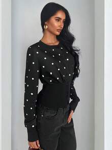 Glamine 极简黑色针织圆领长袖拼接罗纹开襟常规版型女式卫衣 - 黑色 - 查看 4