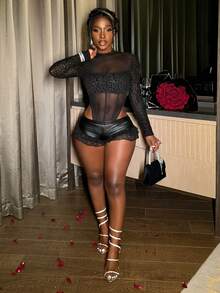 Slaydiva New Spring/Summer Music Festival Valentine's Day Casual Simple Basic Style Y2K Street Sweet Internet Celebrity Bestseller Daily Date Hot Girl Style Sexy See-Through Small Stand-Up Collar Long-Sleeved Leopard Print Patchwork Mesh Slim Fit Women's Jumpsuit Sexy Bodysuit Women Bodysuits Mesh Bodysuit Mesh Swimsuit - Black - View 7