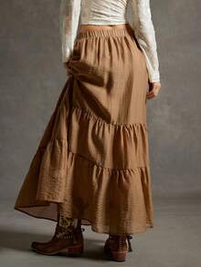 SoleilVie Bohemian Casual Multi-Layer Patchwork Flared Bow-Tie Design Women Skirt Brown Long Skirt Country Skirt Western Skirt - Brown - View 2