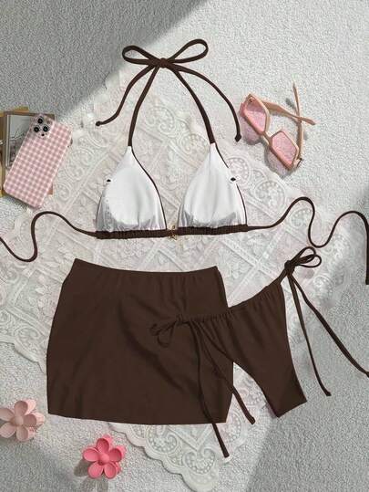 Swim Mod 3pcs Women Summer Solid Color Tie-Up Triangle Cup Halter Bikini & Mini Skirt Swimwear Set Brown Bathing Suit 3piece Swimwear Brown Bikini Set