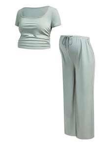 SHEIN 2 pezzi Set casual di maglietta a maniche corte con scollo quadrato e arricciature e pantaloni con vita con coulisse, colore tinta unita, per gravidanza - Verde - Visualizzare 11