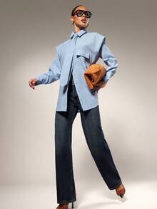 Hauture 系带前襟夸张肩部条纹衬衫 - 藍色 - 查看 1