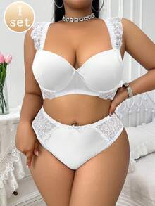 SHEIN 2pcs Plus Size Lace Patchwork Underwire Bra Set - White - View 6