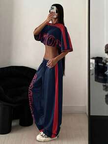 StreetHx 2 st/set kvinnor tryckt kontrastfärgad croppad topp + mjukisbyxor - Multifärgad - Visa 4