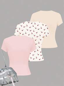 SHEIN 3pcs/Set Tween Girls Fitted Casual Simple Comfortable Round Neck Long Sleeve Snug Fit T-Shirt Suitable For Summer Cherry T-Shirt Cherry Graphic Tee Cherry Print T-Shirt Cute Cherry Shirt Fruit Graphic T-Shirt - Multicolor - View 2