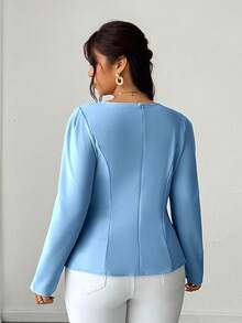 Elenzga Blusa elegante y romántica de manga larga, cuello cuadrado, cintura ceñida y decoración de perlas para mujer talla grande, para primavera/otoño - Azul - Ver 2