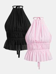 Comfortcana Two-Piece Set Women's Casual Solid Color Backless Halter Top, Summer,Rave Top - Multicolor - View 9