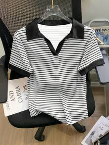 Resyla Striped Digital Print Fashionable & Minimalist Women's Polo Neck T-Shirt, Gift For Friends - White - View 1