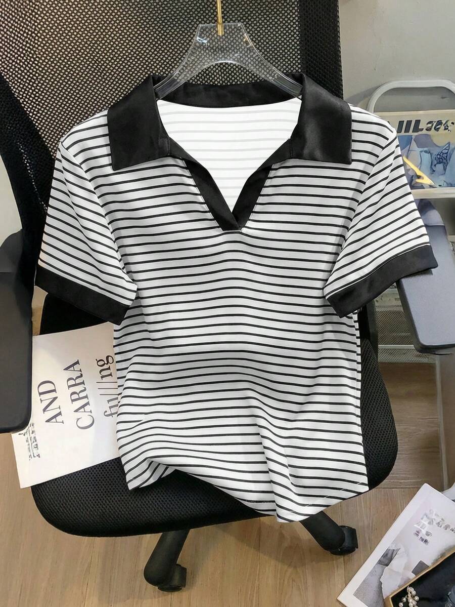 Resyla Striped Digital Print Fashionable & Minimalist Women's Polo Neck T-Shirt, Gift For Friends - White - View 1