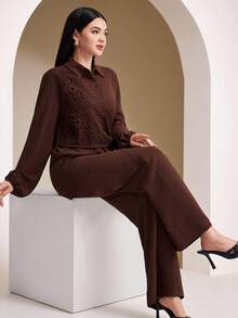 Veilorie 2件套女士阿拉伯风格套装（长袖上衣和裙子套装） - 咖啡棕 - 查看 5