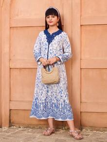 Tween Girl Floral Print Long Sleeve Loose Casual Dress - Blue - View 7