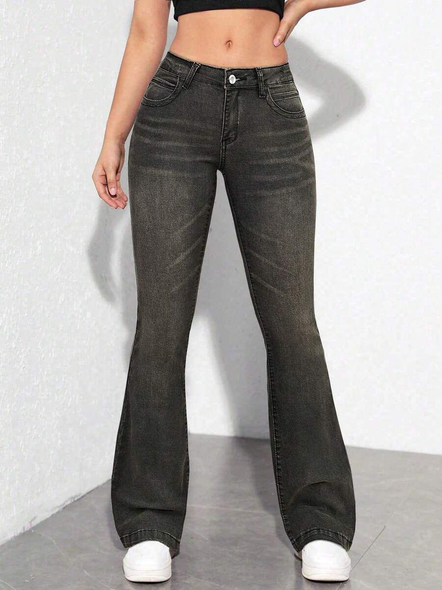SHEIN ICON Jeans acampanados retro de corte ajustado y talle bajo - Gris - Ver 1