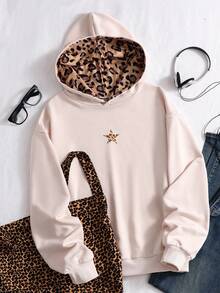 女士休闲豹纹抓绒加厚保暖卫衣，星形豹纹街头时尚，秋冬款 - 杏色 - 查看 7