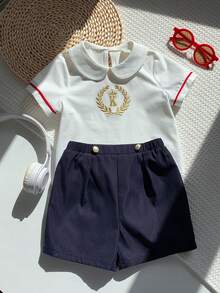 SHEIN 2pcs Baby Boy Preppy Style Embroidered Pattern Peter Pan Collar Short Sleeve Shirt & Elastic Waist Shorts Gentleman Outfit Set, Suitable For Birthday Party, Rave, Evening Party, Performance, Wedding, Baby Shower, And 1st Birthday Celebration Baby Boy Summer Outfit Baby Boy Casual Shorts Baby Boy Sailor Outfit Baby Boy Short Sleeve Set Baby Boy White Polo - Multicolor - View 6
