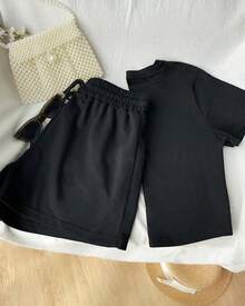 Set de 2 piezas de camiseta y pantalones cortos con estampado de Moño - Negro - Ver 2