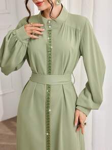 Al Najma Women's Elegant Ribbon Decor Lantern Sleeve Self-Tie Belt Arabic Style Dress - Green - View 7