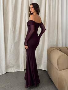 Aloruh Women's Solid Wine Red Ruched Ruffle Off Shoulder Round Ring Hollow Out Mermaid Hem Bodycon Long Sleeve Dress - Burgundy - View 2