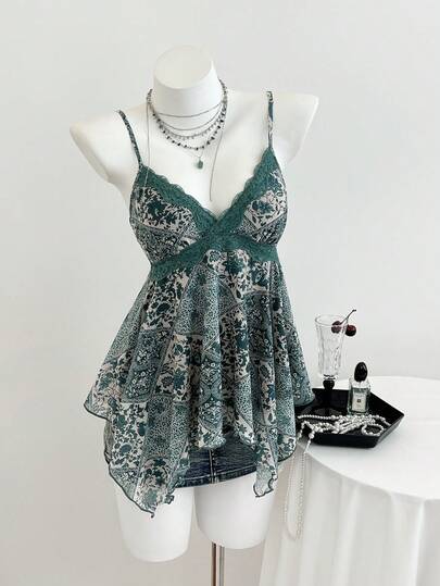 Elamini Vintage Perris Printed Mesh Sequin Asymmetric Hem Camisole Tank Top For Women, Spring/Summer