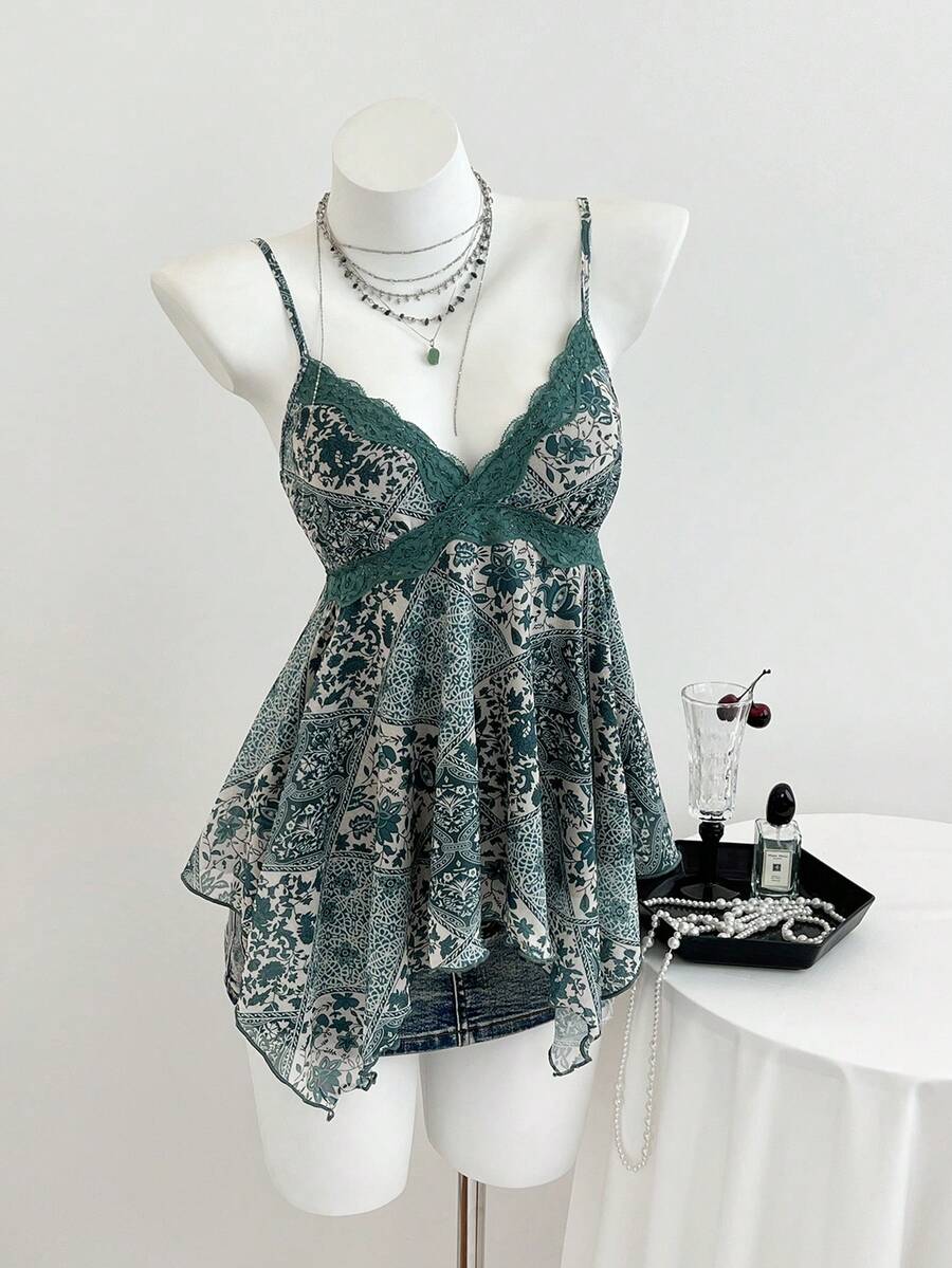 Elamini 复古 Perris 印花网纱亮片不对称下摆吊带背心，女士，春夏款 - 綠色 - 查看 1