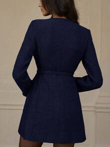 Aveloria Rosie Casual Classic Belted Herringbone Texture Long Sleeve Dress - Blue - View 6