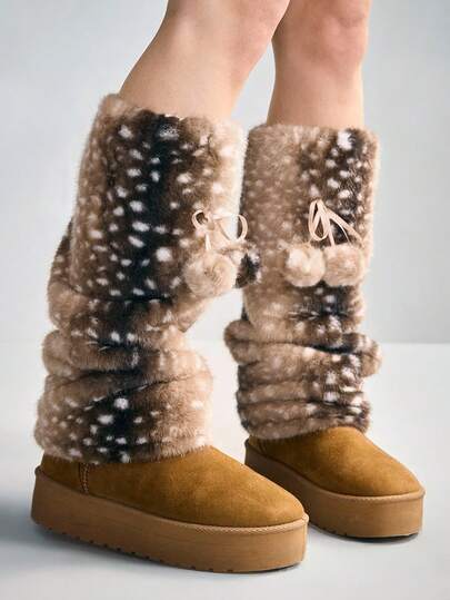 Fairycore 1 Coppia di scaldamuscoli decorativi color marrone chiaro per Natale e Ognissanti, con stampa sexy e carina di cervi/animali in stile Y2K e pompon soffici con laccetti, caldi e alla moda per le donne, adatti per uso quotidiano, campus, shopping, viaggi in autunno/inverno