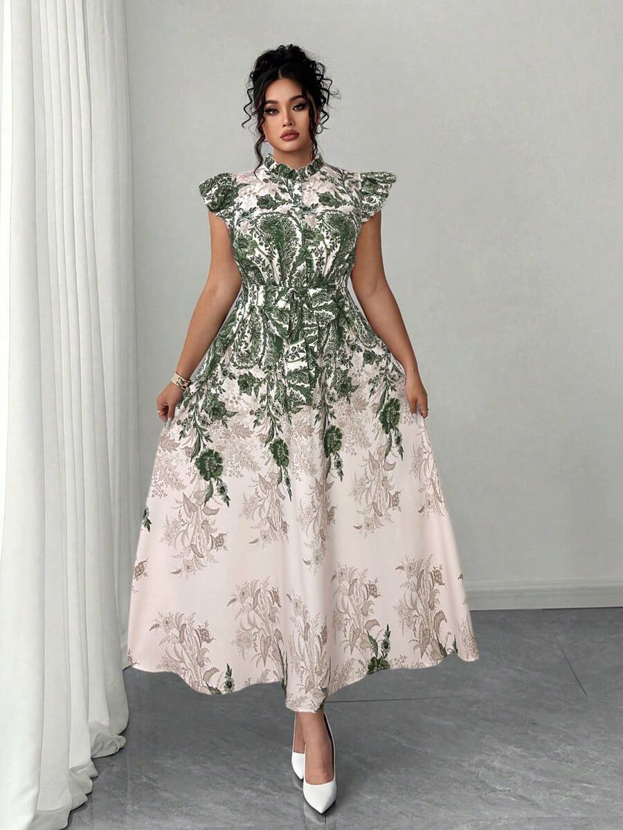 Elenzga Váy đi nghỉ cỡ lớn dành cho nữ có viền xếp nếp ở tay áo và cổ áo, vạt áo hở nửa phía trước, dáng dài maxi xòe, thanh lịch và gợi cảm, kiểu dáng tôn dáng, thích hợp cho kỳ nghỉ, tiệc vườn, hẹn hò, tụ tập bạn bè, những dịp thường ngày, bãi biển, dã ngoại công viên, đi làm, mua sắm, chụp ảnh. Chất vải thoải mái, kiểu dáng đặc biệt, giá trị tuyệt vời. - màu xanh lá - Xem 1