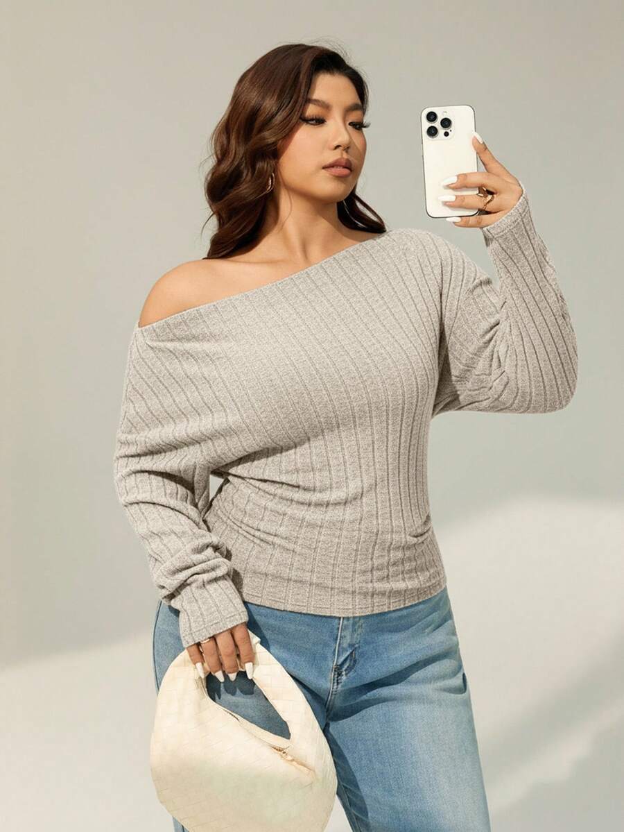 SHEIN Essnce 大码女装秋冬时尚休闲高弹舒适日常保暖磨毛腋下修身不对称肩部上衣,秋季外出上衣,优雅女装上衣 - 杏色 - 查看 1