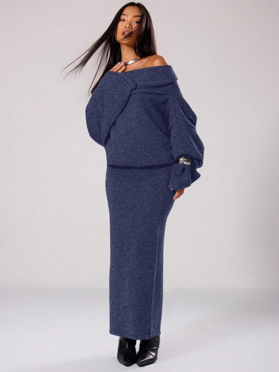 MUSERA Đầm len maxi trễ vai mùa xuân phong cách Y2K thập niên 90, thường ngày, dễ thương, thích hợp cho kỳ nghỉ hè, lễ hội, mùa thu, mùa đông, mặc hàng ngày, dự tiệc tối, thanh lịch, đón năm mới, Lễ Tạ ơn, mùa xuân. - Màu xanh hải quân - Xem 1