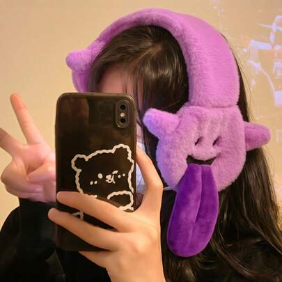 Joivida 冬季毛绒耳罩，适合日常通勤，可爱卡通吐舌设计，都市韩风保暖装备